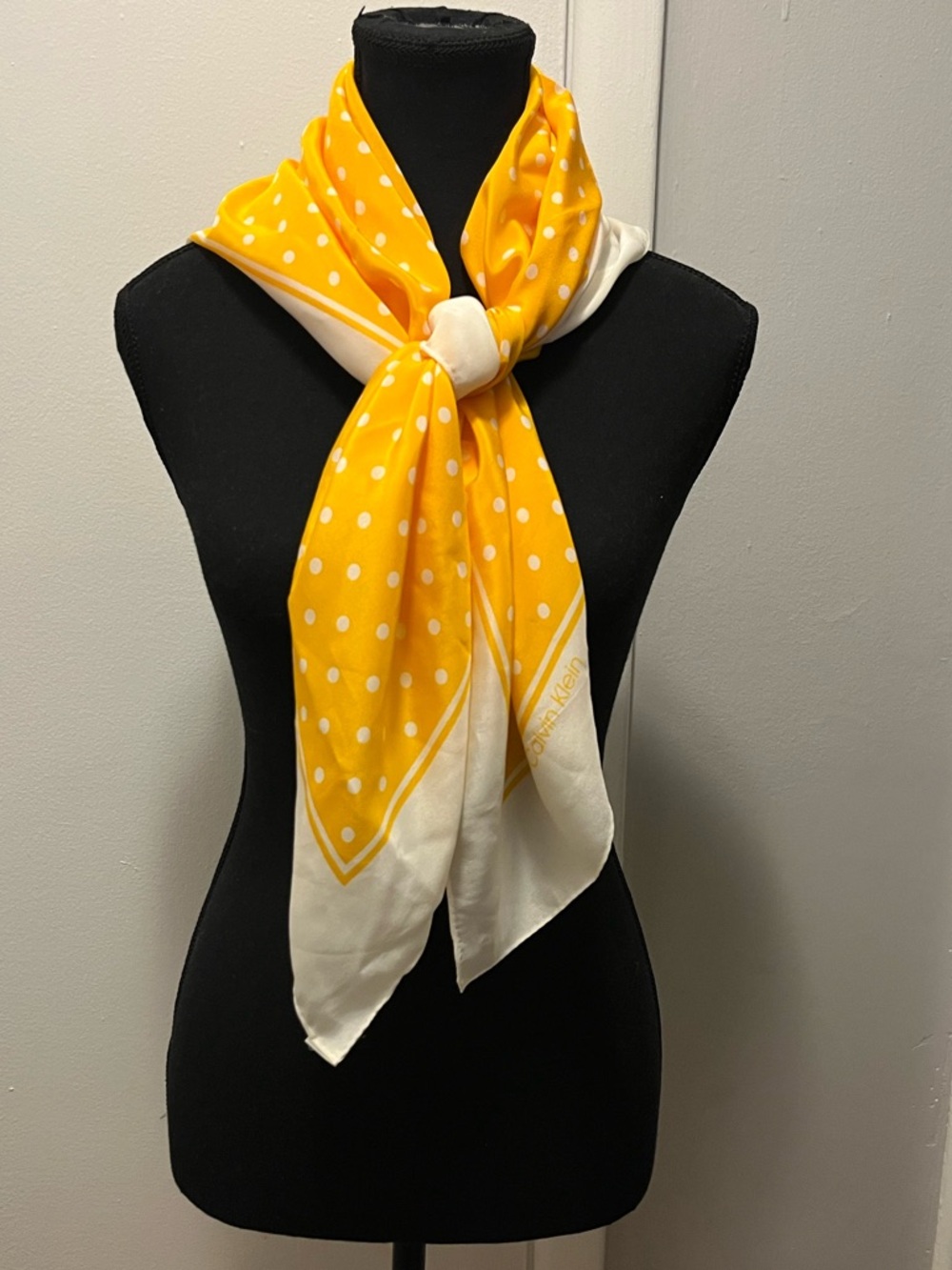 Vintage Calvin Klein Yellow and Cream Polka Dot Silk Scarf